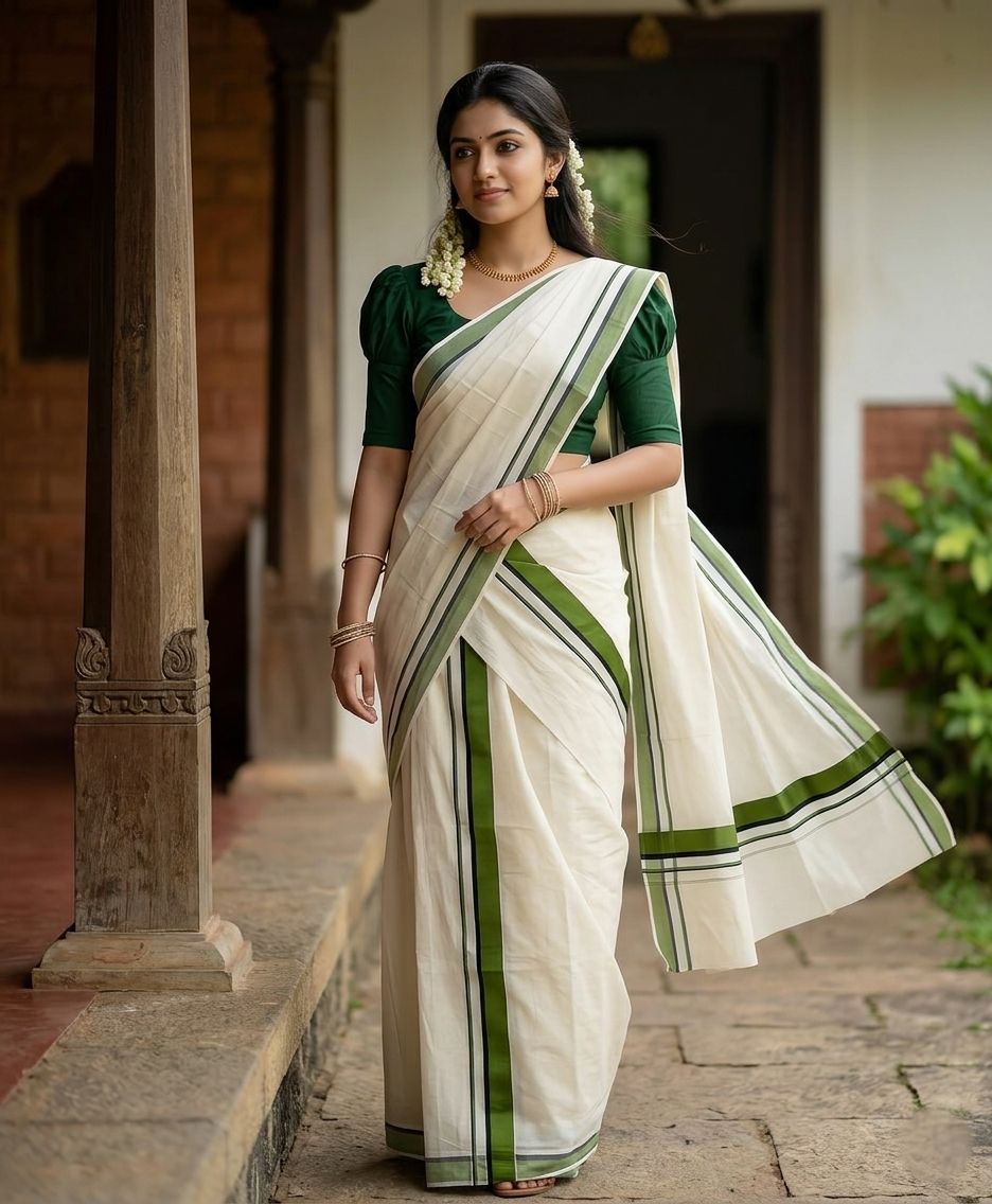 Southloom Pure Cotton Kerala Single Set Mundu (Mundum Neriyathum) Green Border 2.80 Mtr SL345