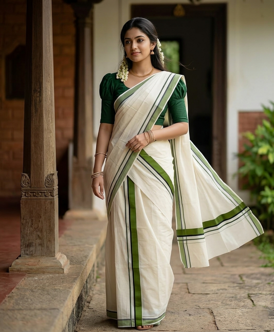Southloom Pure Cotton Kerala Single Set Mundu (Mundum Neriyathum) Green Border 2.80 Mtr SL345