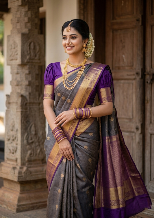 Southloom Pure Handloom Bridal Kanchipuram Silk Saree with Korvai Work (Brown & Violet)