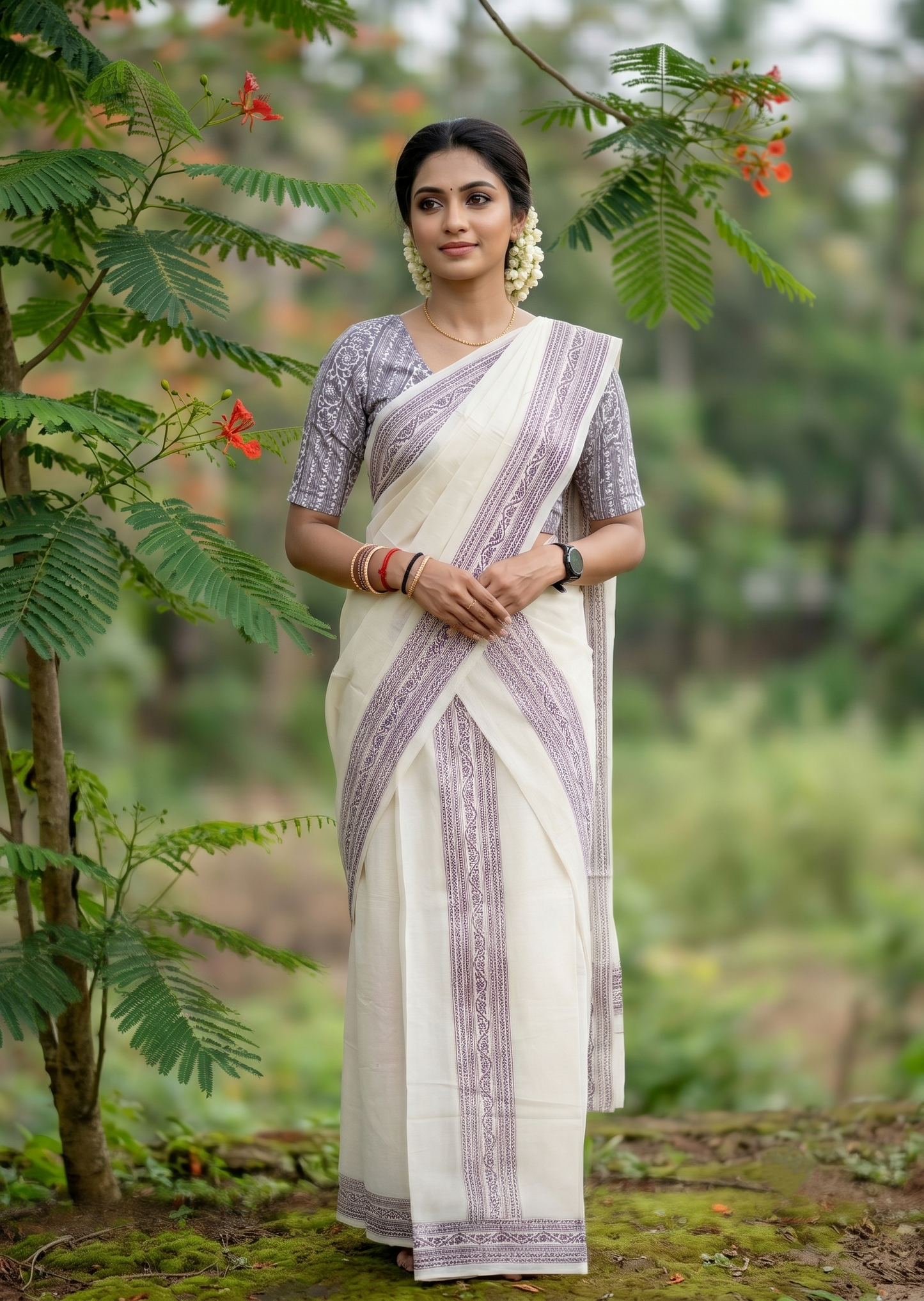 Southloom Brown Block Printed Set Mundu with Blouse Piece 2.80Mtrs SL423