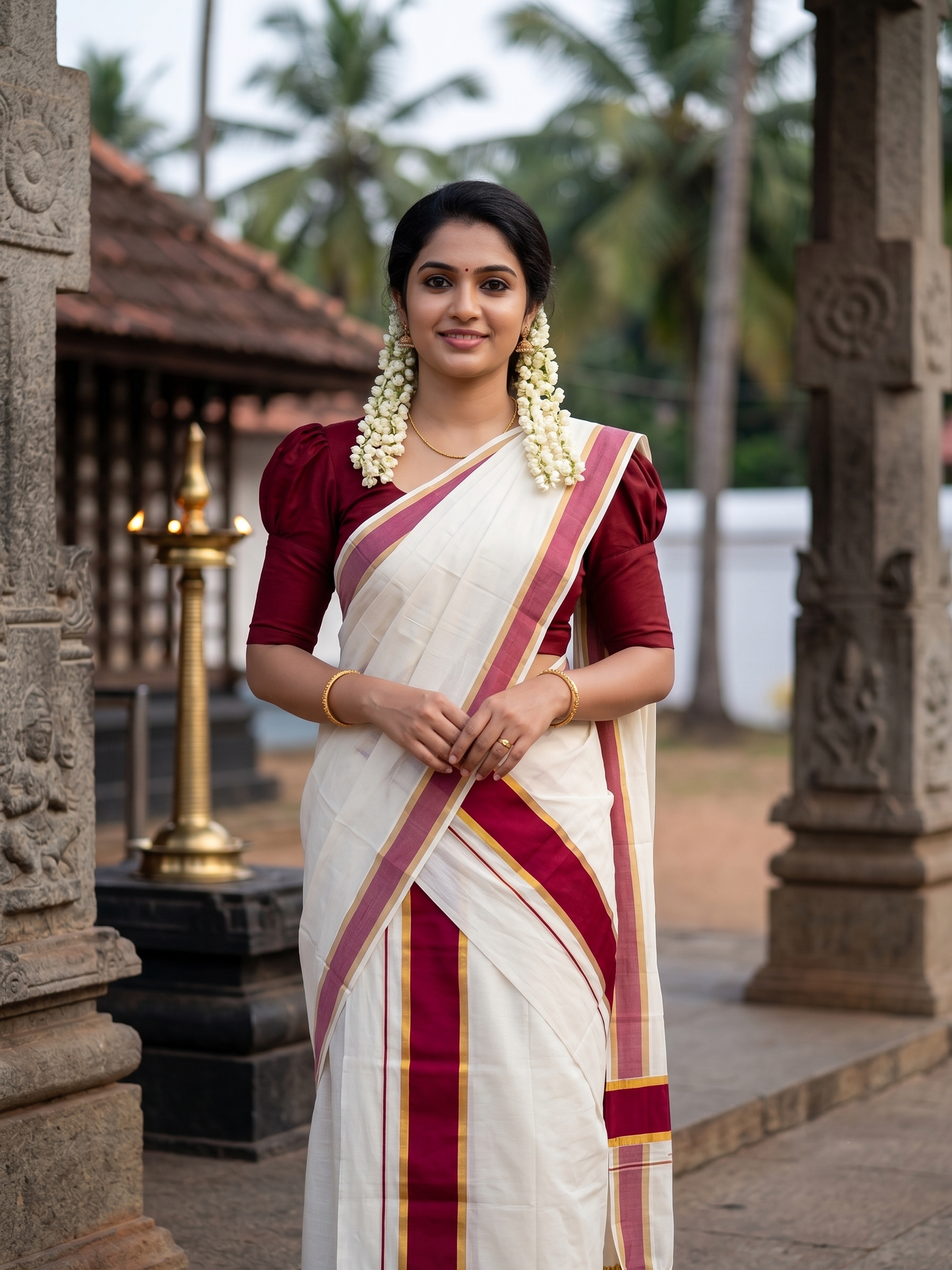 Southloom Kerala Cotton Single Set Mundu (Mundum Neriyathum) with Kasavu In Maroon With Tussles SLKK SL518