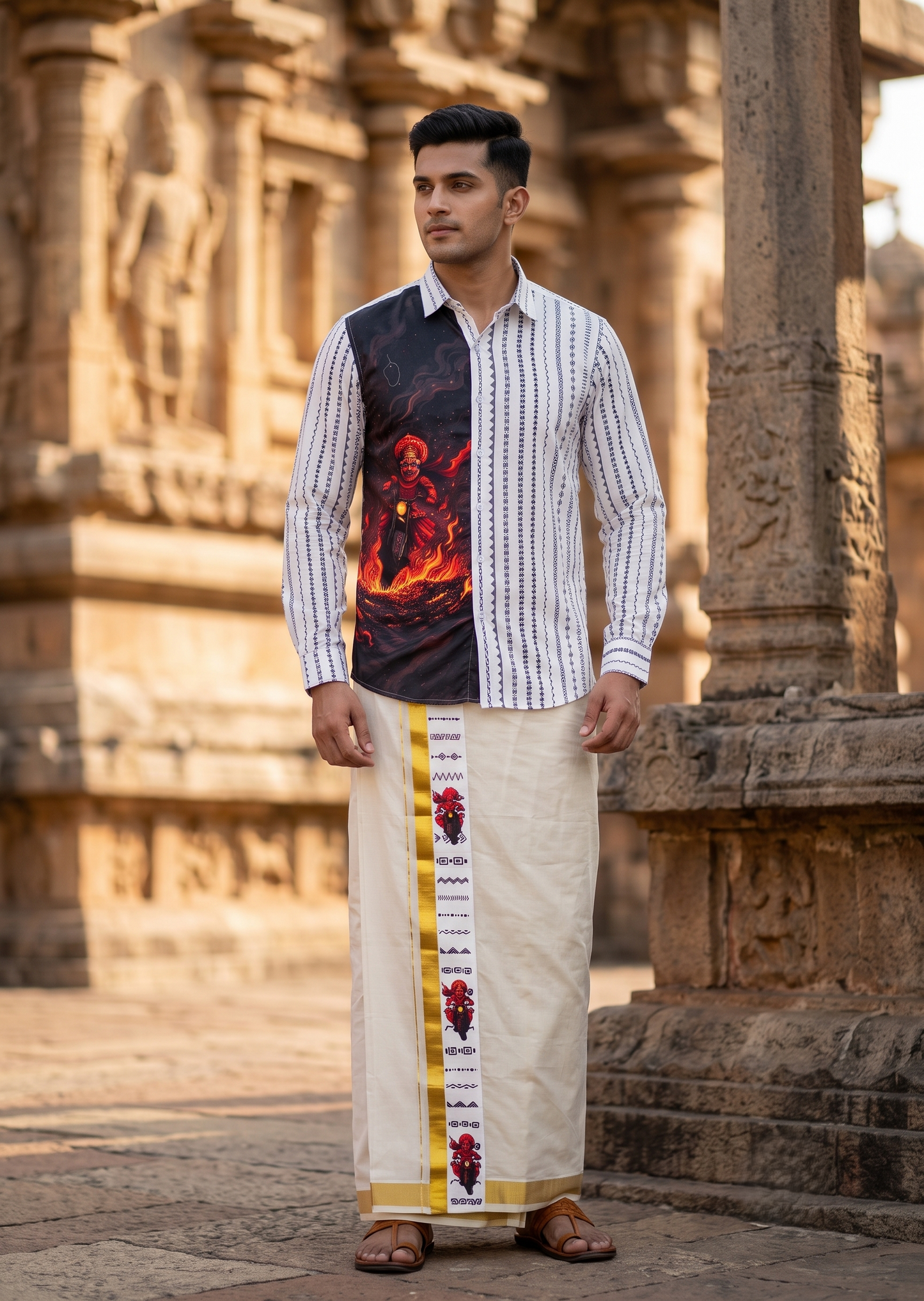 Southloom Premium Satin Theyyam Digital Printed Design Men's Combo  (Shirt + Mundu) SL576