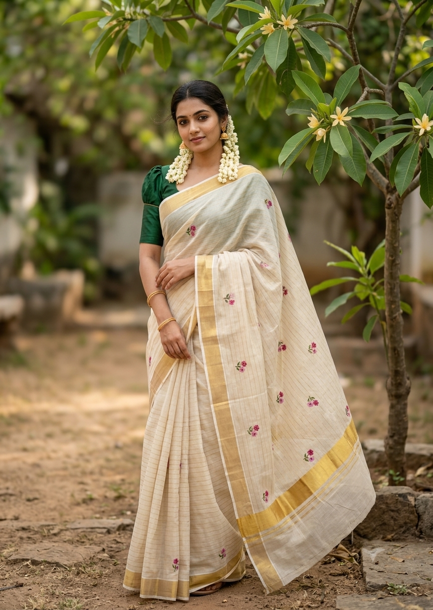Southloom Kerala Tissue Kasavu Lines Saree with Pink Floral embroidery work