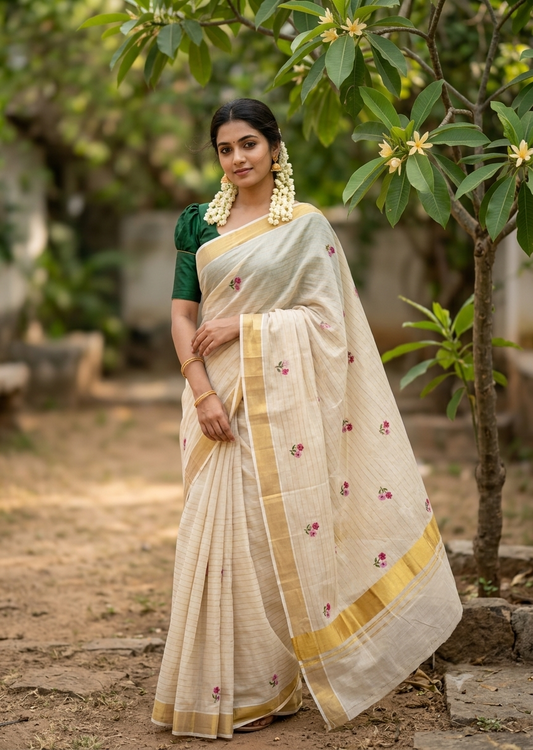 Southloom Kerala Tissue Kasavu Lines Saree with Pink Floral embroidery work