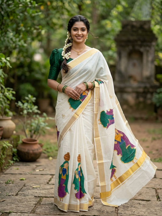 Southloom Kerala Cotton Kasavu Line Saree with Hand Painted &Embroidery Design