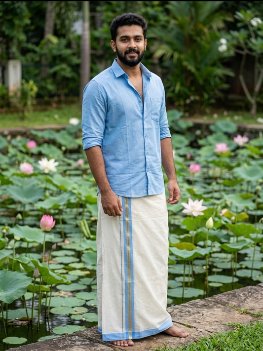 Southloom Pure Cotton Mundu with Gold Lines and Blue Border (South Indian Kerala Dhoti)