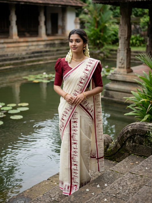 Southloom Pure Cotton Kerala Single Warly Print Set Mundu (Mundum Neriyathum) Maroon Border in 2.50 mtrs SL246