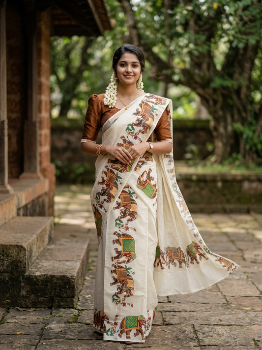 Southloom Cotton Single Set Mundu (Mundu Neriyathum) With Elephant Digital Floral Print in 2.80 Mtrs