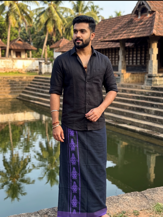 Southloom Black Printed Ayyapan Single Mundu / Otta Mundu  (South Indian Kerala Dhoti)