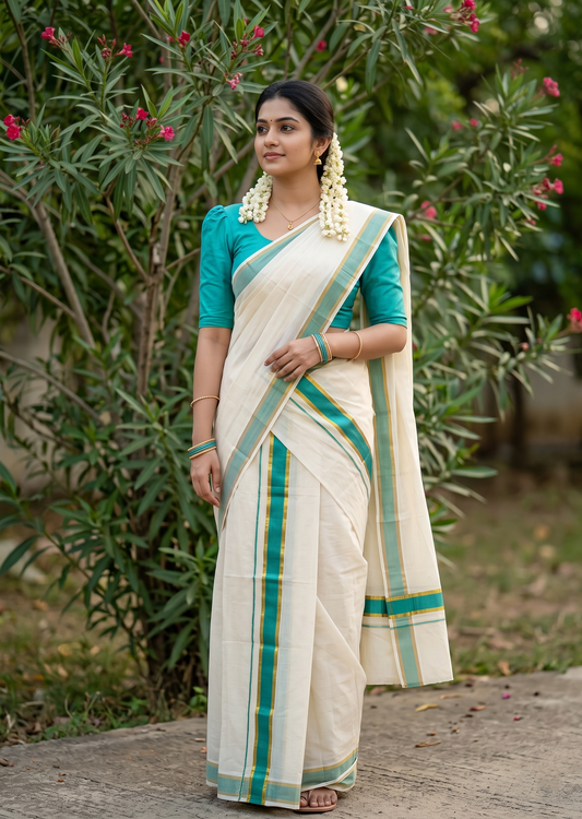 Southloom Pure Cotton Kerala Kasavu Set Mundu (Mundum Neriyathum) Kasavu & Turquoise Blue Border in 2.80 Mtrs SLKK SL470