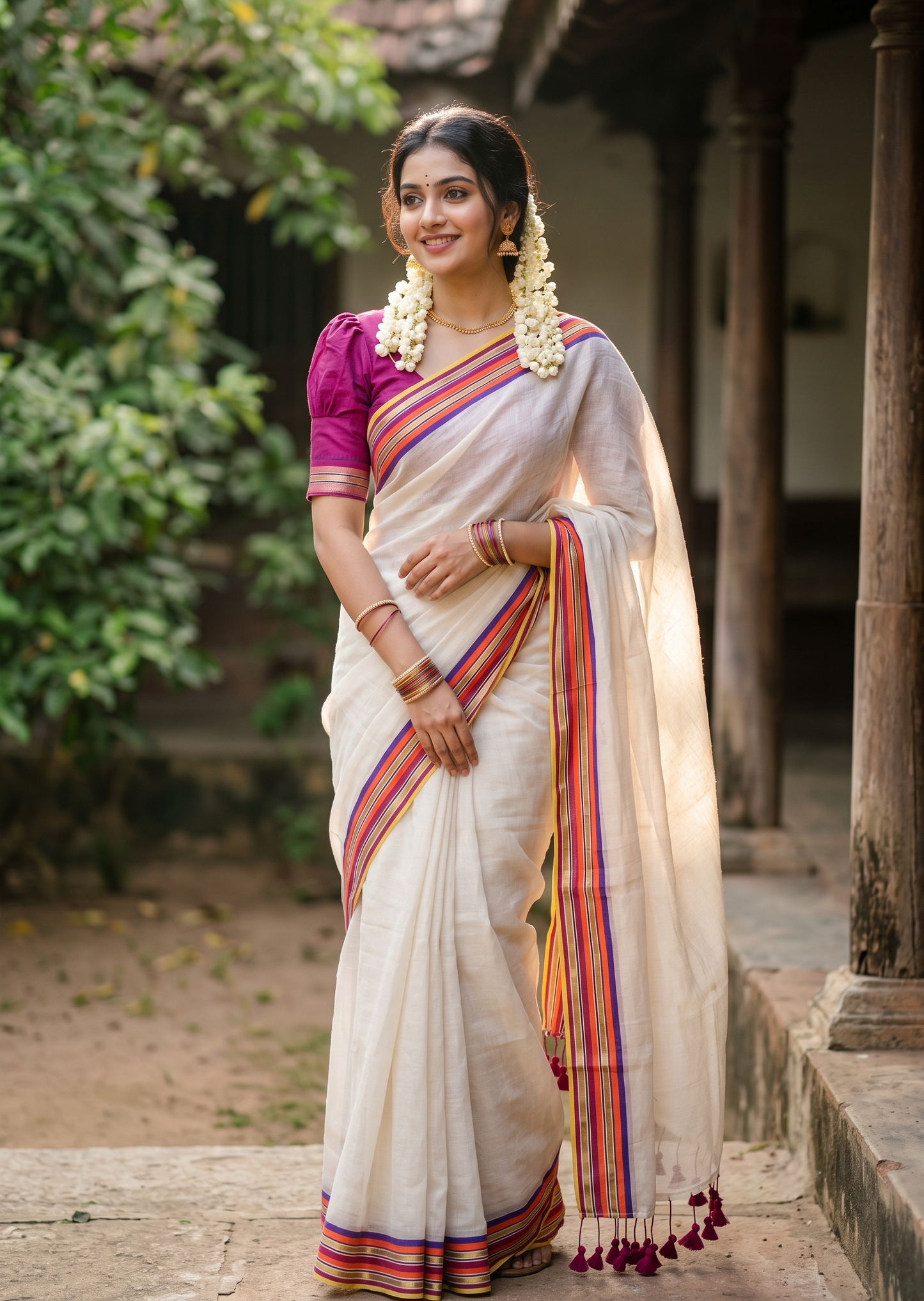 Southloom Mul Cotton 120 x 120 Soft Fabric Saree with Orange &Magenta  Border SL215