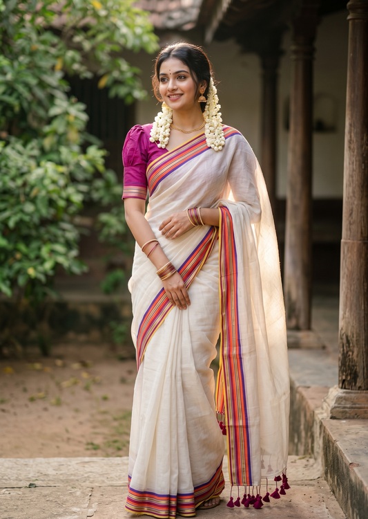 Southloom Mul Cotton 120 x 120 Soft Fabric Saree with Orange &Magenta  Border SL215