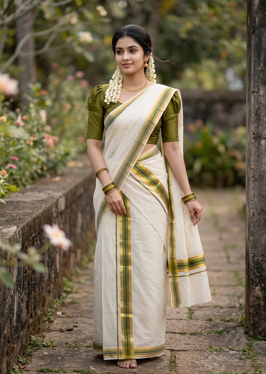Southloom Pure Cotton Kerala Single Set Mundu (Mundum Neriyathum) with Olive Green and Kasavu Border 2.80 Mtrs SLKK