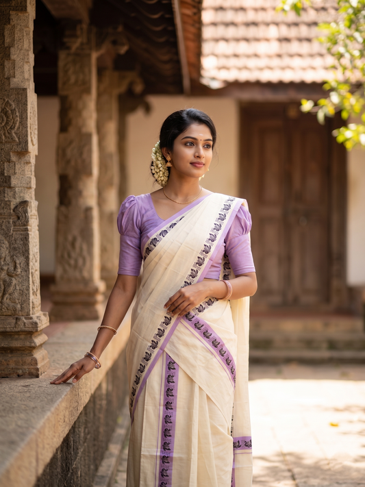 Southloom Kerala Mulloth Cotton Single Mundum Neriyathum with Digital Prints in Lavender 2.80 Mtrs SL378
