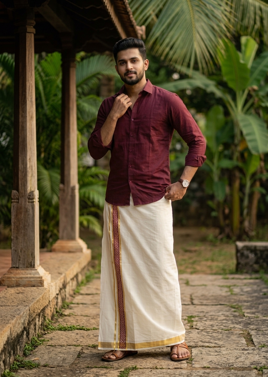Southloom Pure Cotton Double Mundu with Maroon Block Printed And Ksavu Border (South Indian Kerala Dhoti)SL597