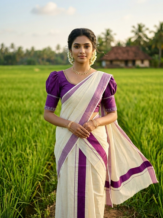 Kerala Cotton Mundum Neriyathum Single (Set Mundu) with Plain 2 inch Purple Kara 2.80 Mtrs