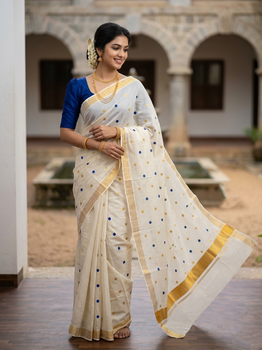 Southloom Kerala Cotton Kasavu Saree with Gold & Blue Polka Embroidery Works on Body SL281