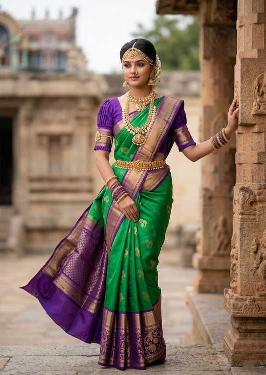 Southloom Pure Handloom Bridal Kanchipuram Silk Saree with Korvai Work(Green& Violet)