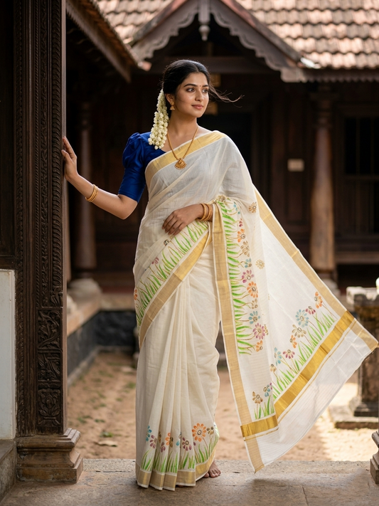 Southloom Cotton Kerala Kasavu Stripes Saree with Floral and Handpainted Embroidery Design in Body