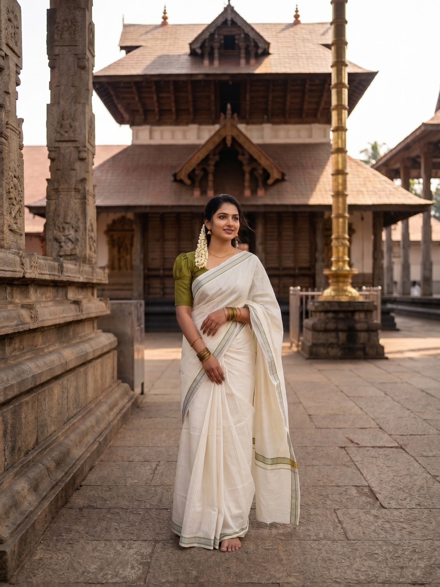 Southloom Pure Cotton Kerala Silver Kasavu Lines Saree with Olive Green and Silver Border