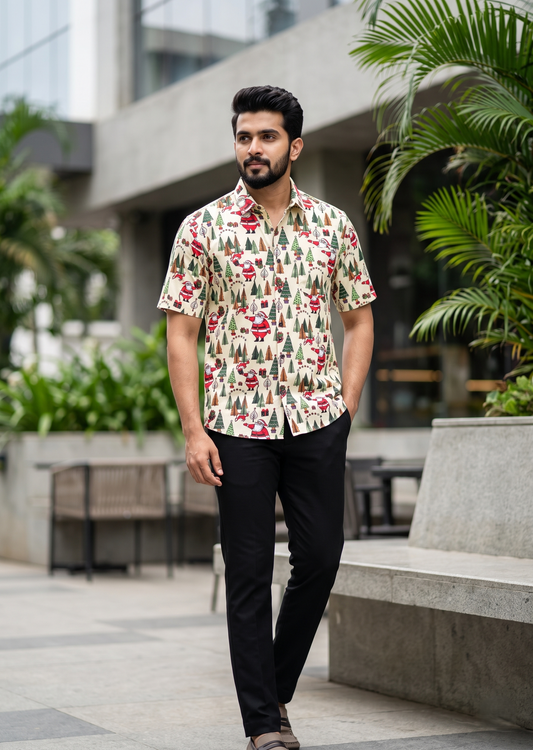 Southloom Ethinic Shirt With Christmas Printed for Men in Off white Half Sleeve