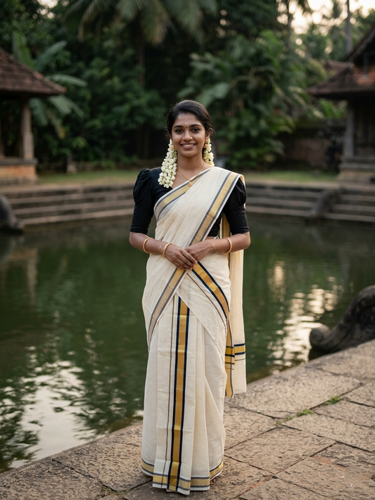 Kerala Cotton Set Mundu (Mundum Neriyathum) with Kasavu and Black Border 2.80 Mtrs SL244