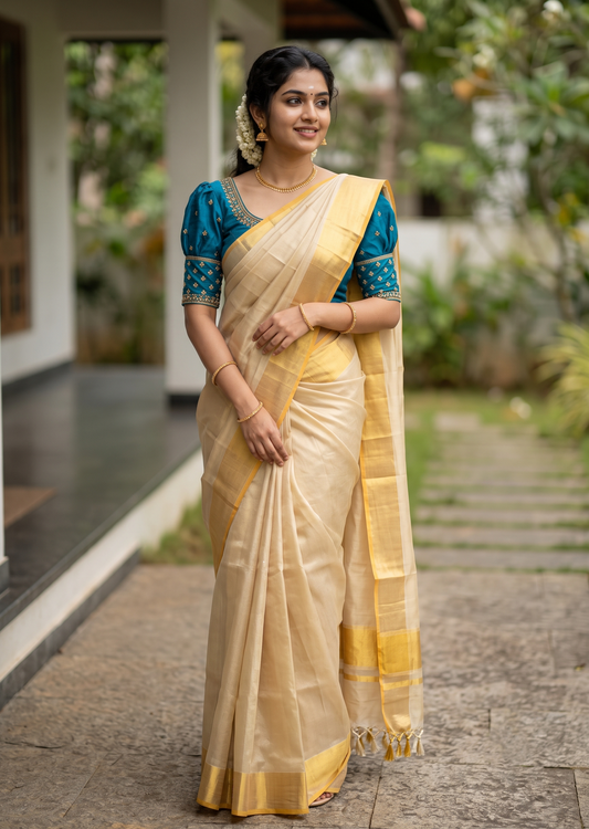 Southloom Super Premium Balaramapuram Handloom Tissue Saree with Gold Kasavu and Gold Border