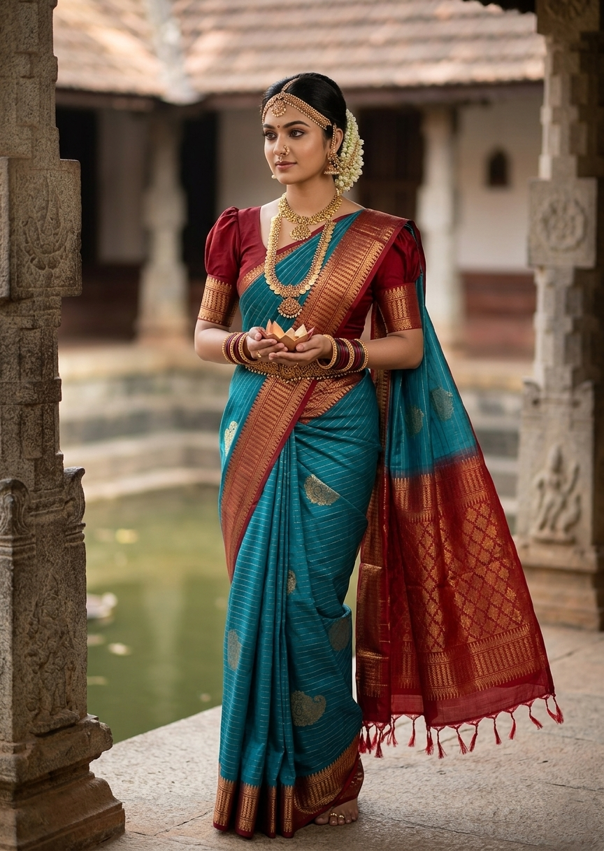 Southloom Pure Handloom Bridal Kanchipuram Silk Saree with Korvai Work (Maroon & Blue)