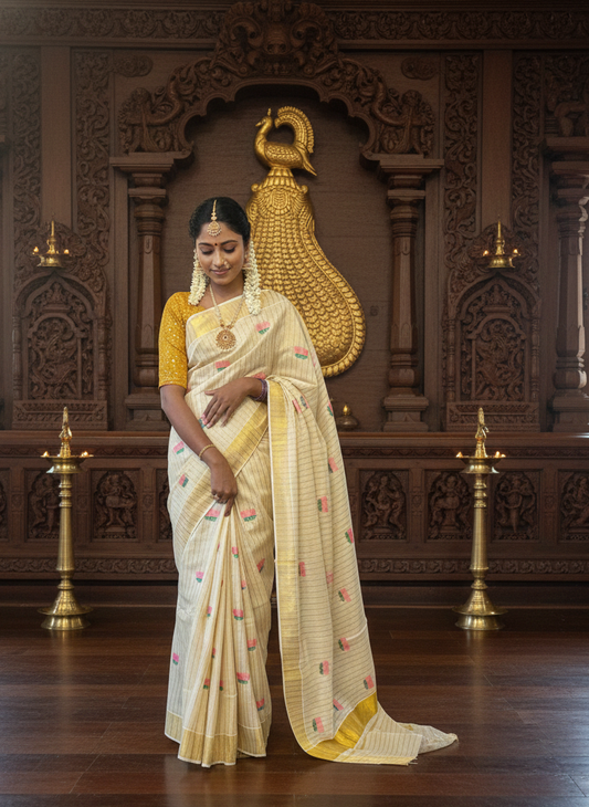 Southloom Lotus Pink and Green Embroidery Tissue Kerala Saree