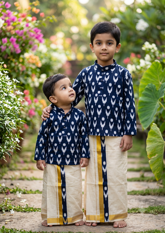 Southloom Tissue Ajrakh Printed Kids's Combo (Shirt + Velcro Mundu) SLKCOMBO