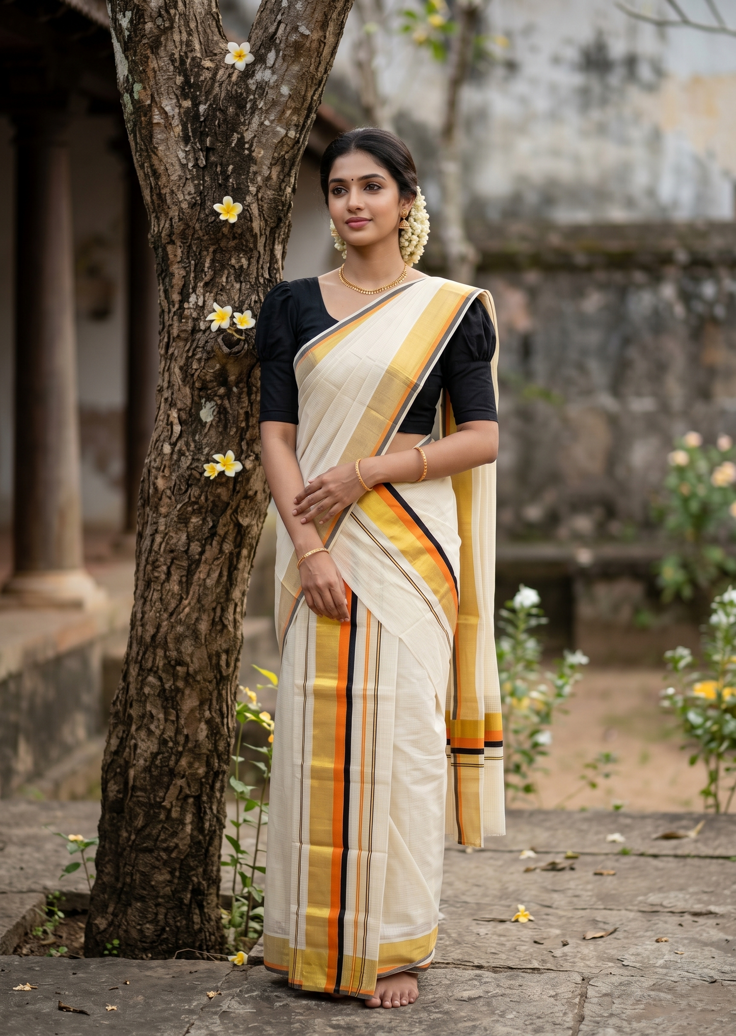 Southloom Pure Cotton Set Mundu with Gold Kasavu Micro Check Across Body in Black and Orange SL348