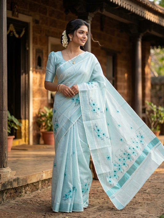 Southloom Kerala Tissue Kasavu Saree with Blue Floral Embroidery on Body and Border