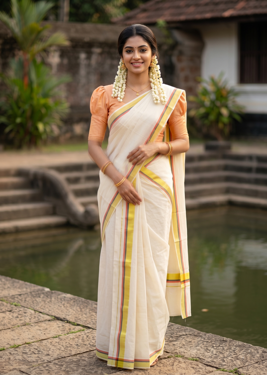 Southloom Kerala Mulloth Cotton Single Mundum Neriyathum with Multicolor Border In 2.80 Mtrs SL243