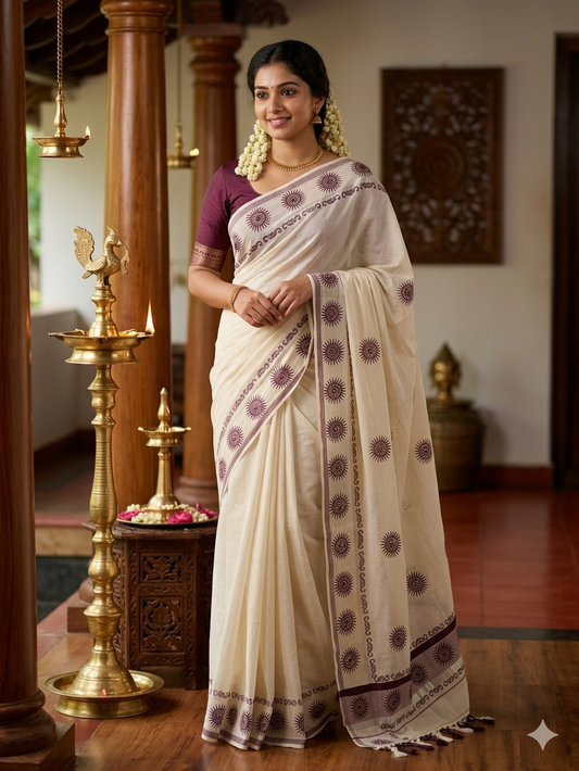 Kerala Cotton Brown Printed Saree SL178