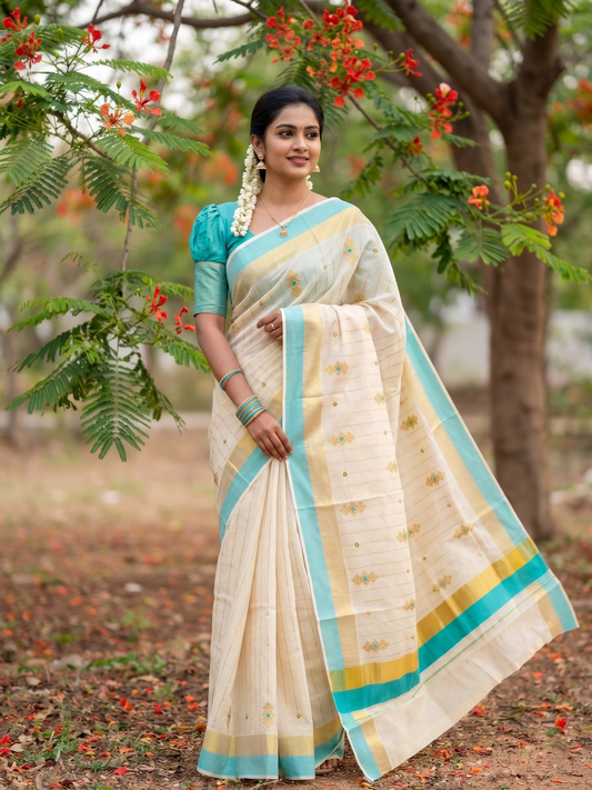 Southloom Kerala Tissue Kasavu Lines Saree with Golden And Turquoise Embroidery Works