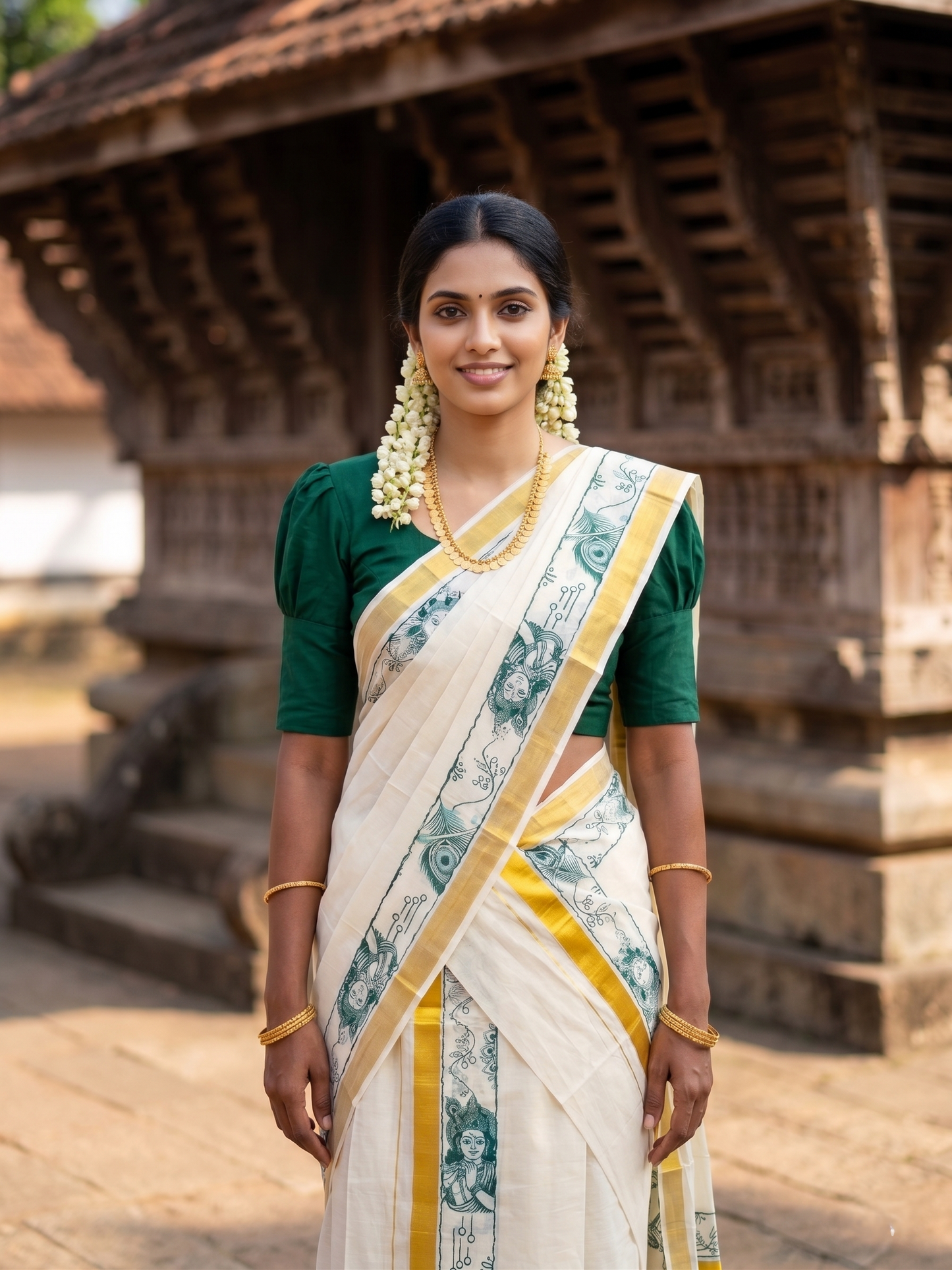 Southloom Kerala Cotton Single Set Mundu (Mundum Neriyathum) with Mural Digital Print And Gold Kasavu Border In Green 2.80 mtr SL486