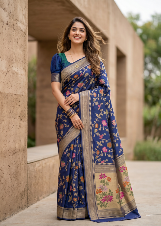 Southloom Pure Banarasi Silk Saree with Woven Work on Body and Borders (Blue)