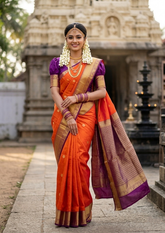 Southloom Pure Handloom Bridal Kanchipuram Silk Saree with Korvai Work (Orange & Purple)