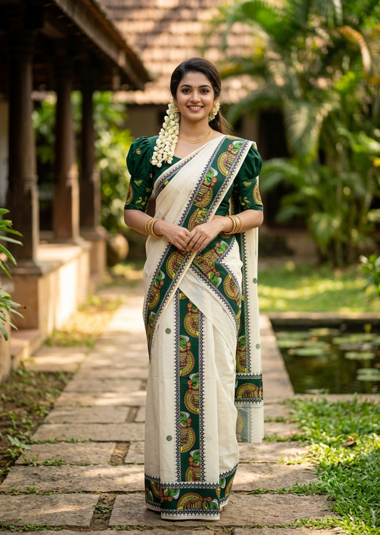 Southloom Kerala Pure Cotton Set Mundu (Mundum Neriyathum) with Green Kathakali Block Prints on Border-2.80Mtrs SL621