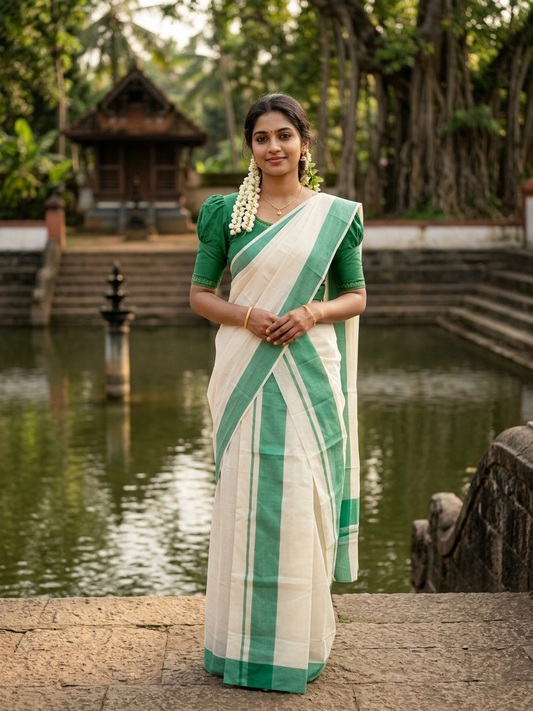 Southloom Pure Cotton Kerala Single Mulloth Set Mundu (Mundum Neriyathum) Green Border in 2.80 mtrs SL243