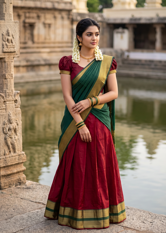 Kerala Southloom Semi UnStitched Kanchi Cotton Dhavani Set with Pavada and Blouse Piece In Red And Green SL585