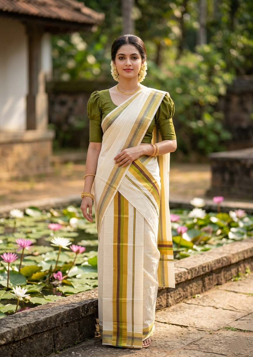 Southloom Kerala Cotton Single Set Mundu (Mundum Neriyathum) with Check Design in Brown and Olive Green 2.80 Mtrs SL467