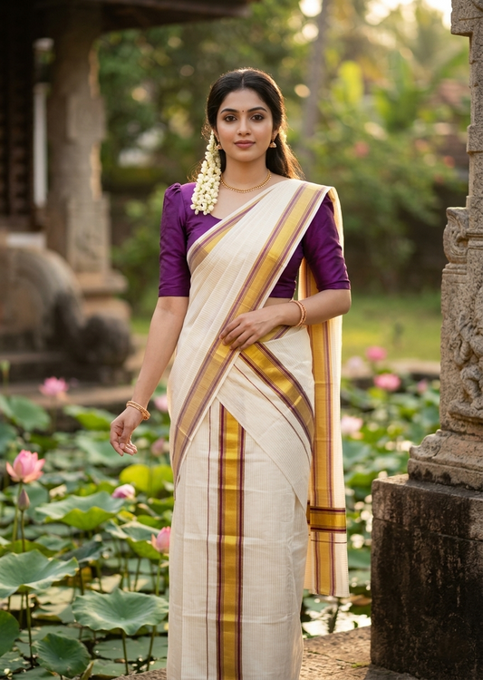 Southloom Kerala Cotton Single Set Mundu (Mundum Neriyathum) with Stripes on Body in Purple 2.80 Mtrs SLKK SL468