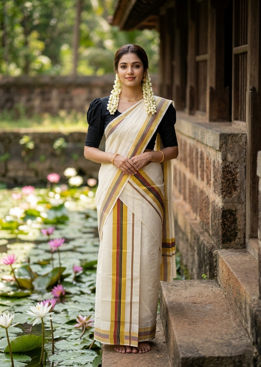 Southloom Kerala Cotton Single Set Mundu (Mundum Neriyathum) with Check Design in Red and Black 2.80 Mtrs SLKK SL467