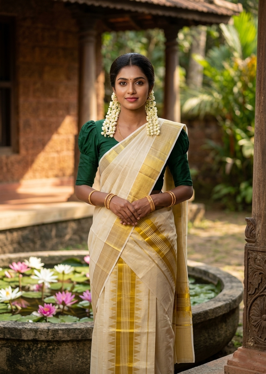 Southloom Kerala Tissue Single Set Mundu (Mundum Neriyathum) with Temple Design in 2.80 Mtrs SL464