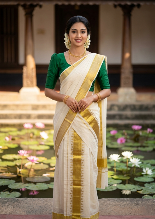 Southloom Kerala Cotton Single Set Mundu (Mundum Neriyathum) with Temple Design on Border in 2.80 Mtrs SL464