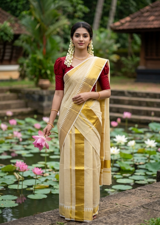 Southloom Kerala Tissue Single Check Set Mundu (Mundum Neriyathum) with Temple Border in 2.80 Mtrs SL464
