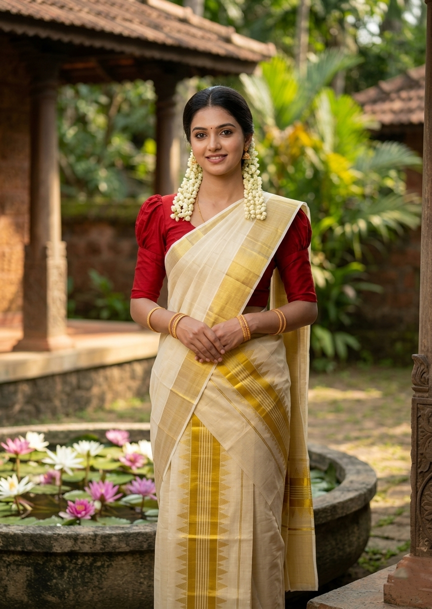 Southloom Kerala Tissue Single Set Mundu (Mundum Neriyathum) with Temple Design in 2.80 Mtrs SL464