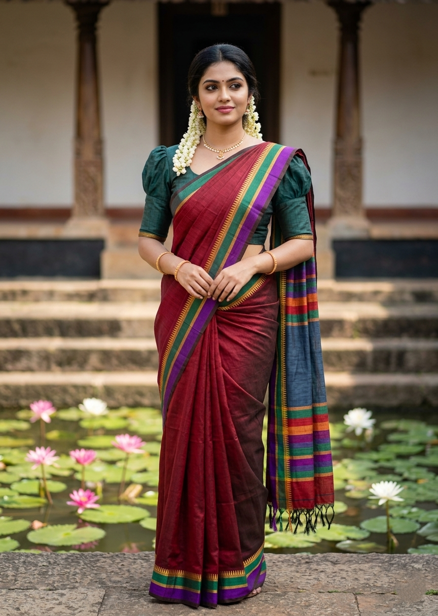 Southloom Maheshwari Cotton Saree With Temple Design on the Body and Borders SL471