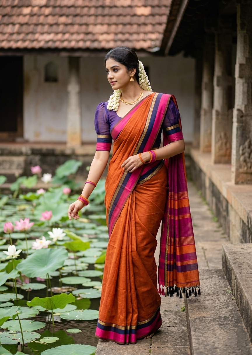 Southloom Maheshwari Cotton Saree With Temple Design on the Body and Borders SL471